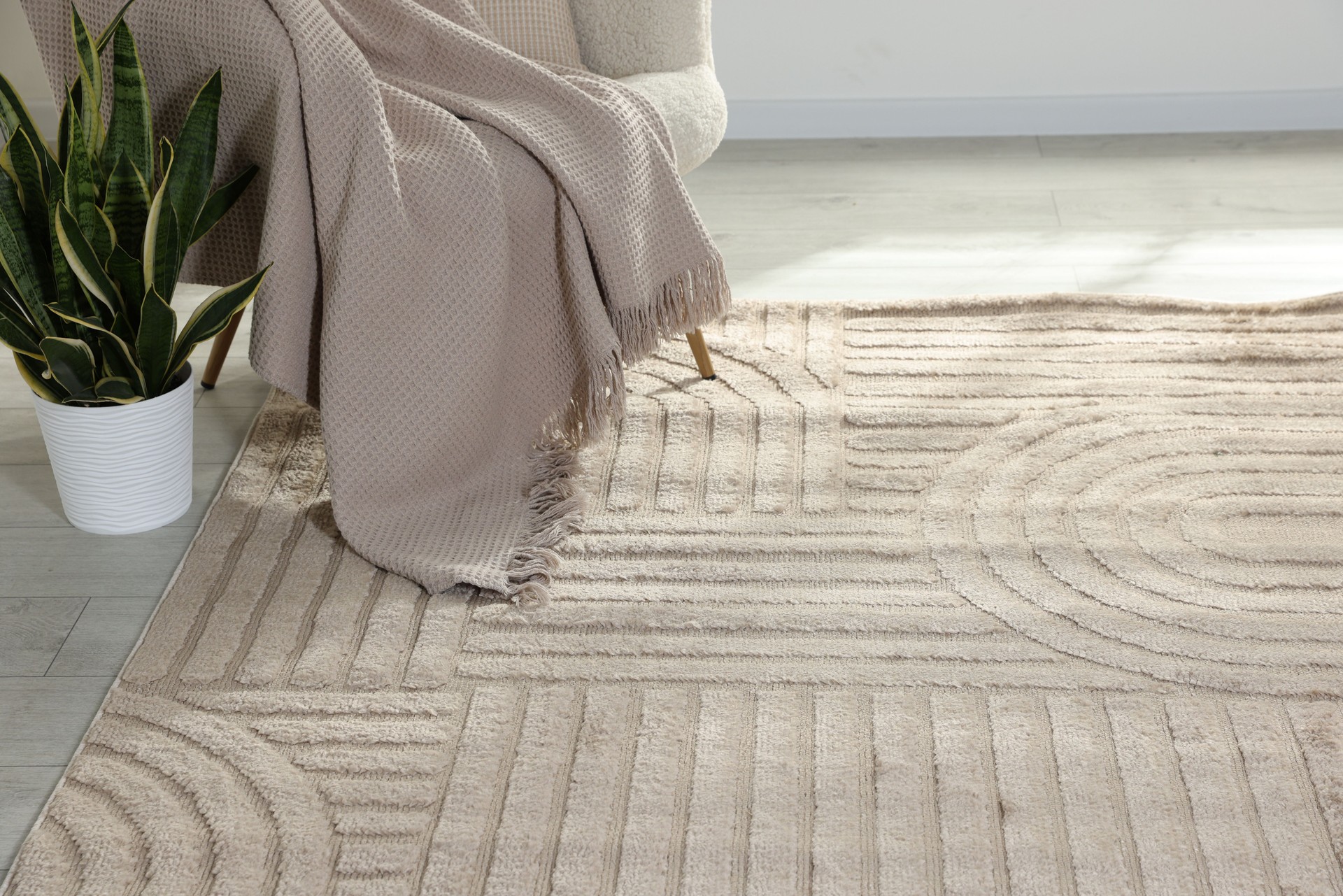 Stylish soft rug with pattern on floor in living room